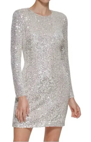 Eliza J Silver Long Sleeve Sequin Mini Dress, Party Cocktail Holiday, Size 4 thumbnail 1