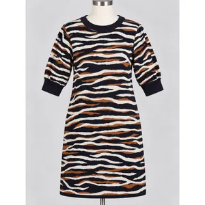 Ann Taylor Navy Cognac Zebra Print Short Sleeve Sweater Dress Large Avante Garde thumbnail 2
