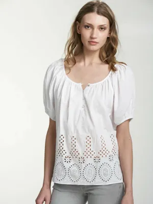 VELVET White Eyelet Romantic Feminine Puff-Sleeve Blouse Peasant Top L thumbnail 2