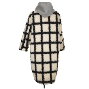Cream Black Windowpane Sherpa Teddy Coat Gray Hood Longline Oversized Jacket thumbnail 2