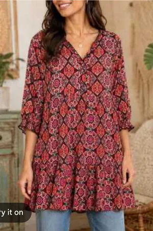 Natural Life Pink Red Floral Paisley Boho Tunic Dress Sz S Boho Cottagecore Cute thumbnail 1
