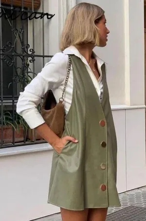 ZARA Mini PINAFORE FAUX LEATHER A-LINE V-Neck DRESS W/ BUTTONS Green SIZE S NEW thumbnail 5