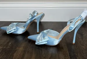 NWOT Lulus Light Blue Satin Rhinestone Bow Stiletto Heels thumbnail 6