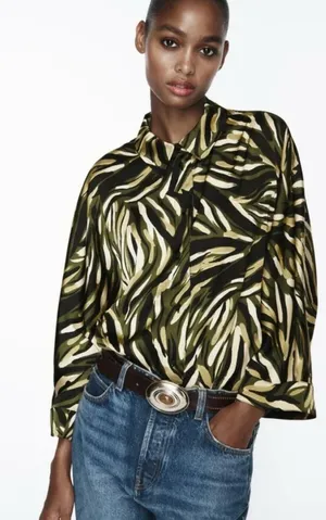 Zara Women's Camo Colored Animal Print Long Sleeve Satin Blouse Size S thumbnail 1