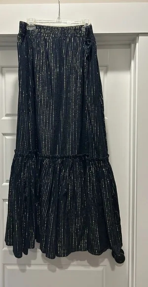 Boden Skirt Womens 14 Maxi Navy Gold Stripe Tiered Broomstick Lined Pull On Boho thumbnail 1
