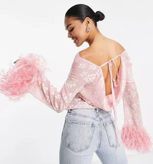 ASOS NWT DESIGN sheer floral jacquard cowl neck top with faux feather trim sleeves in pink. Size 12 thumbnail 2