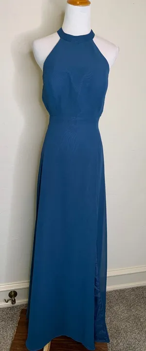Azazie Teal Blue Strappy High Neck Halter Dress Sz 10A thumbnail 1