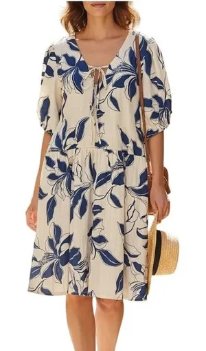MSK Floral Linen Babydoll Midi Dress‎ Puff Sleeve Cottagecore Blue Medium NWT thumbnail 1