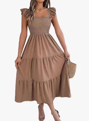 Amazon Women’s Brown Square Neck Sleeveless Summer Midi Tiered Dress, Size Small thumbnail 1