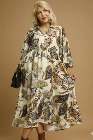 New!Umgee Plus Size Boho Paisley Lined Tiered Midi Dress Size 1X thumbnail 1