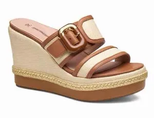 Wedge Slide Sandal in Tan and Cream with Buckle thumbnail 1