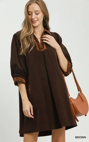 Umgee V-Neck Shift Dress with Contrast Trim - Brown - Medium thumbnail 1