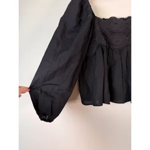 Free People Black Crochet Lace Inset Square Neck Whimsigoth Babydoll Blouse L‎ thumbnail 7