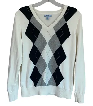IZOD Womens Argyle V-Neck Sweater White Black Grey 100 Cotton Long Sleeve‎ L thumbnail 1