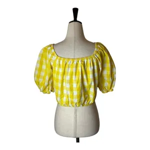Color Me Courtney Shirt Women Small Yellow White Gingham Cropped Kris Top Boho‎ thumbnail 3