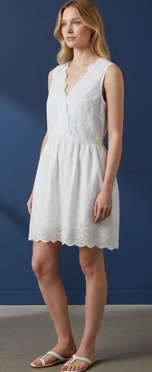 J.Crew Eyelet Mini‎ Dress 8 White Excellent Scalloped Surplice V-Neck thumbnail 1