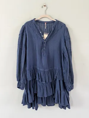 NWT Free People Sachi Denim Blue‎ Boho Cottage Ruffle Cotton Mini Dress thumbnail 3