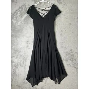 Vintage Whimsigoth Black Beaded Handkerchief Hem Strappy Back Midi Dress Size S thumbnail 3