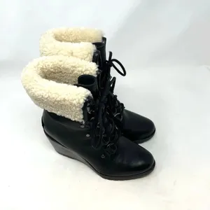 Sorel After Hours Lace Shearling Boot Black‎ Leather Wedge Size US 6 thumbnail 7