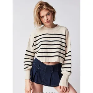 Free People Easy Street Striped Crop Sweater Cream‎ Black Knit Womens Small thumbnail 2