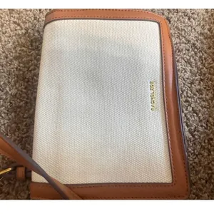Rachel Zoe Small Crossbody Bag Leather Canvas Cream Brown Gold Turn-Lock thumbnail 4