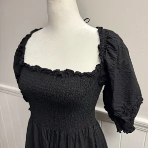 Hill House Nesli Nap Dress Short Puff Sleeve Swiss Dot Tiered Midi Black Small S thumbnail 8