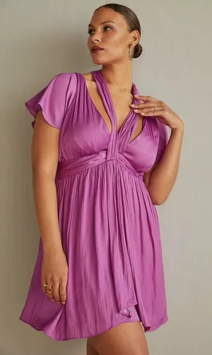 NWT by Anthropologie Purple Satin V Neck Vibrant Mini Dress Size 16‎ thumbnail 1