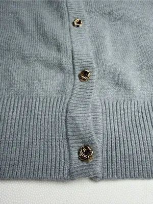 Women’s S Gray Cashmere Blend Cardigan Sweater Gold Knot Buttons Quiet Luxury thumbnail 8