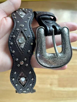 Boho Western Studded Silver Scalloped Western Leather Belt thumbnail 1