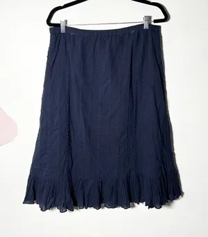 Vtg Y2k 2000s Midi Skirt Large Navy Blue Ruffles Embroidered 100% Cotton thumbnail 1