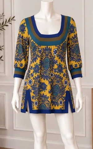 Free People Yellow Blue Medallion Print Tunic Mini Dress Boho Knit Small thumbnail 1