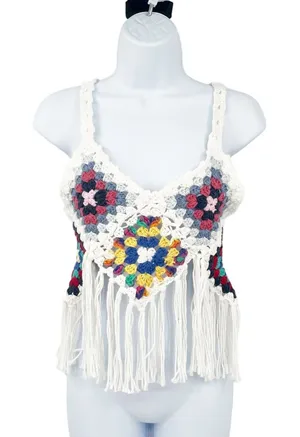 Womens‎ Crochet Granny Square Boho Festival Coachella Beach Fringe Crop Top OS thumbnail 1