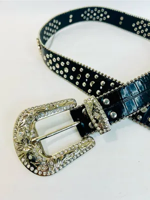 Western Black Leather Belt with Crystal Studded Rhinestones, Engraved Buckke thumbnail 10