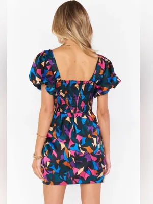 Show Me Your Mumu Danielle Mini Dress Geometric Multicolored Puff Sleeve Size M thumbnail 3