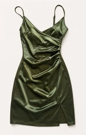 Olive Satin Slip Dress with Side Ruched Detail thumbnail 1