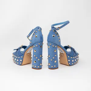 NW Azalea Wang Evgenia Denim Platform Studded Embellished Sandals Heels Blue 6 thumbnail 3