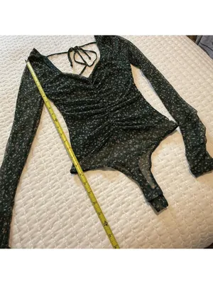Lulus Bodysuit Long Sleeve Sz S Small Green Floral Mesh Sweetheart Neckline NWT thumbnail 2