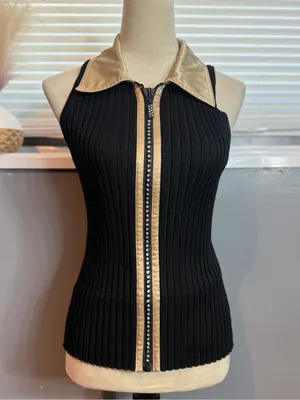 Belladimi Black Ribbed Rhinestone Zip Satin Collar Top Size M Y2K thumbnail 3