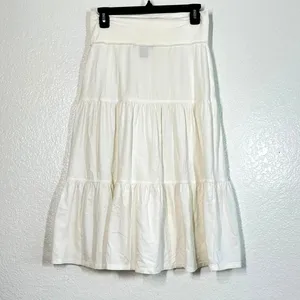 Ann Taylor Skirt XS Midi Tired Full White Ruffle Women's Basic Capsule Cotton Elastic Waist thumbnail 3