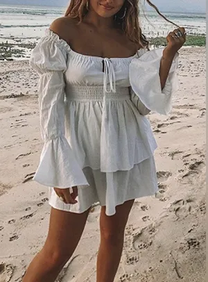 White Ruffle Dress NWT Size XS Cottagecore Boho Off Shoulder Tiered Mini Earthy thumbnail 1