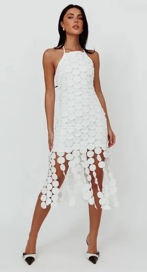Revolve NWT Mainstrip Circle Fringe Crochet White Midi Dress. Size Large thumbnail 1