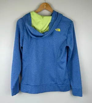 The North Face Heather Blue Yellow Logo Print Track Pullover Hoodie Ladies MED thumbnail 4