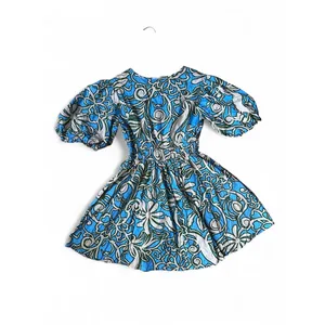 Tropical Floral Puff Sleeve Mini Dress Coastal Resort Cotton Blue Green Small thumbnail 6