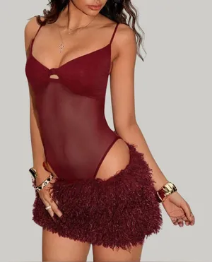 Boohoo Sheer Burgundy Bodysuit with Spaghetti Straps thumbnail 1