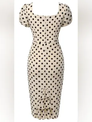 Retro Stage 60's Style Polka Dot Puff Sleeve Dress in Beige and Black, Size 2XL thumbnail 2