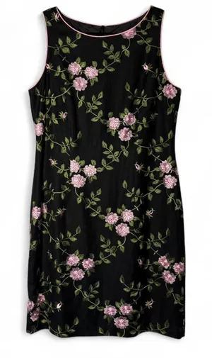 VTG Jessica Howard Embroidered Pink Roses Linen Blend Black Cocktail Dress Sz 14 thumbnail 1
