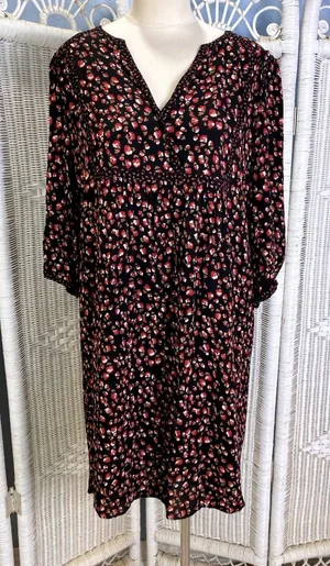 Gérard Darel Paris Black Floral Print Dress 44 Smocked Neckline‎ French Viscose thumbnail 1
