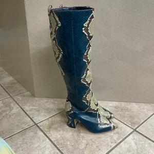 Sam Edelman Hai Knee High Boots Teal Blue Snakeskin Embossed Pointed Toe 5.5M‎ thumbnail 3