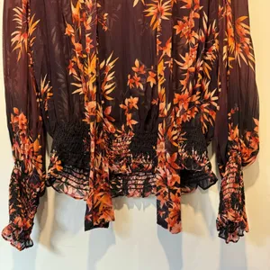 🍁 Warm New York‎ Floral Semi Sheer Neck Tie Blouse Burgundy Long Sleeve Elastic thumbnail 5
