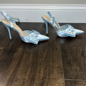 NWOT Lulus Light Blue Satin Rhinestone Bow Stiletto Heels thumbnail 7